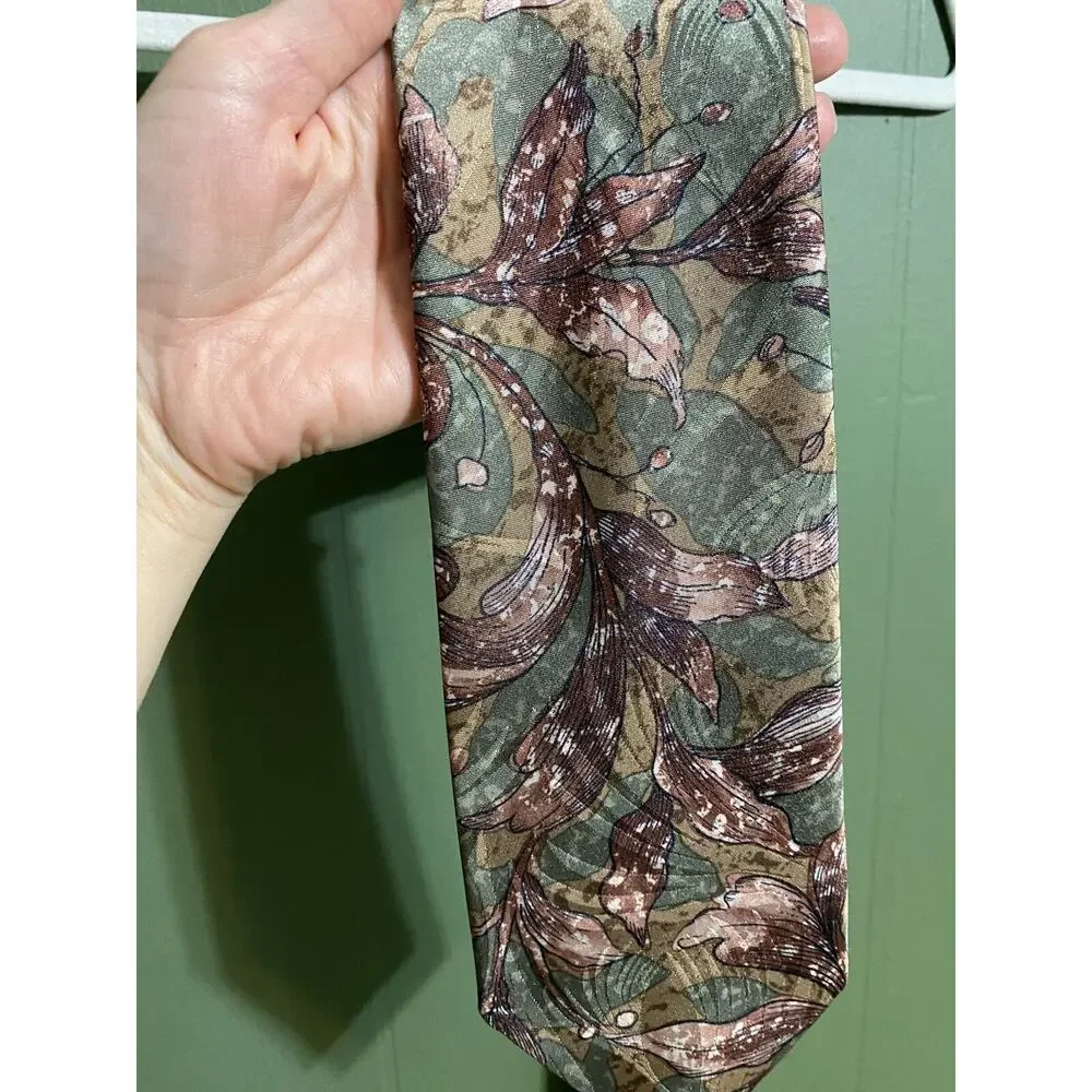 Mens Silk Necktie Pagliano Milan New York Green Brown Earth Tones Floral AOP